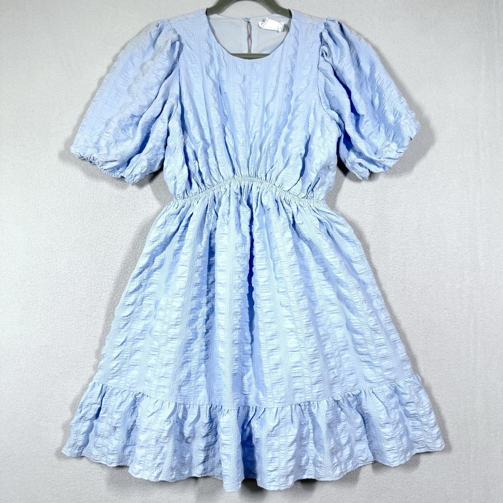 Hyacinth‎ House Dress Womens Small Emersyn Mini Light Blue Textured Puff Sleeve